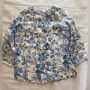 JOIE 100% Linen Tropical Blue/White Toile Print Button-Down Blouse 1X Botanical